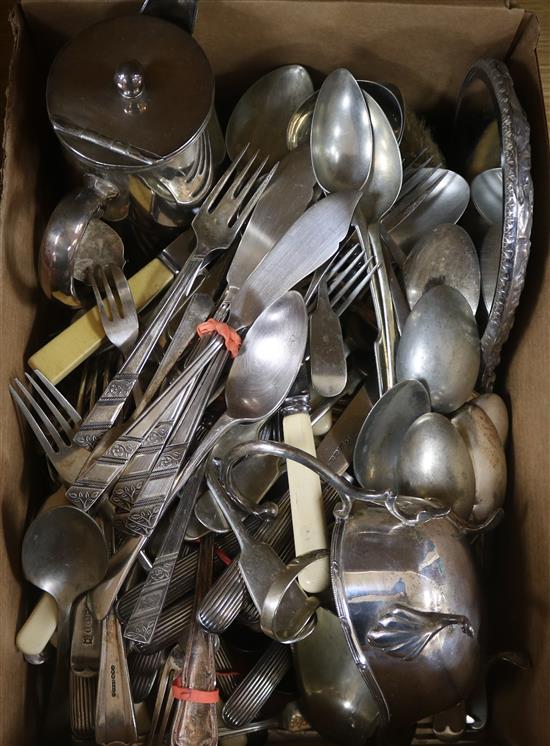 A quantity of mixed plated cutlery, a silver mirror, etc